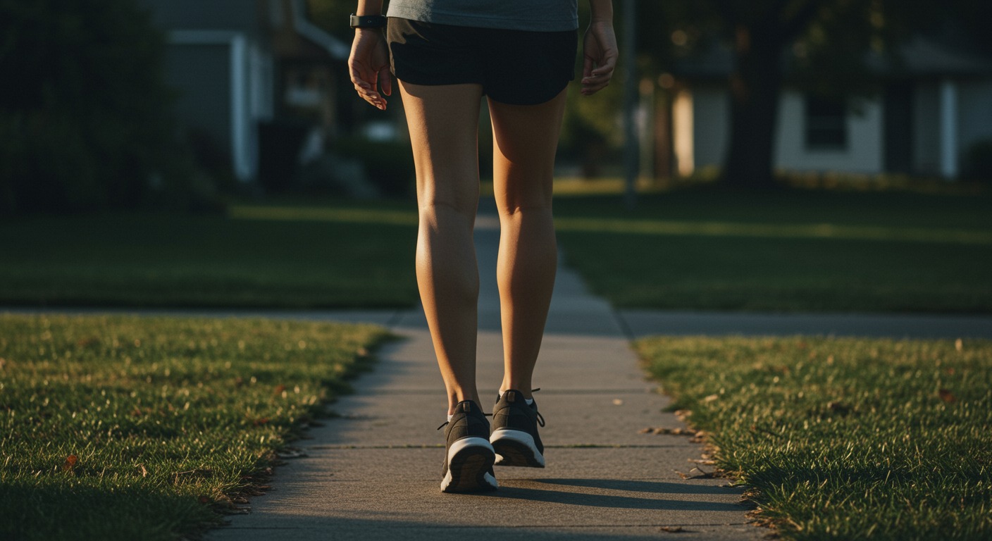 A person walking briskly on a neighborhood sidewalk in the morning wearing a fitness tracker on the wrist
