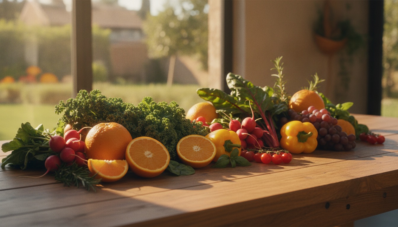 Fresh oranges, leafy greens, and colorful produce arranged on a warm wooden table in golden window light