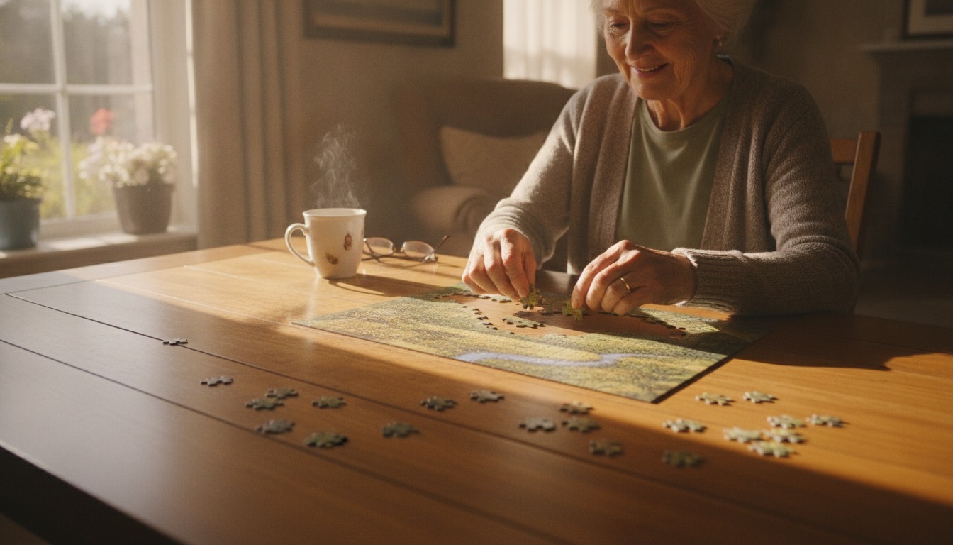 Older adult assembling a jigsaw puzzle on a warm wooden table by a sunlit window with soft golden light