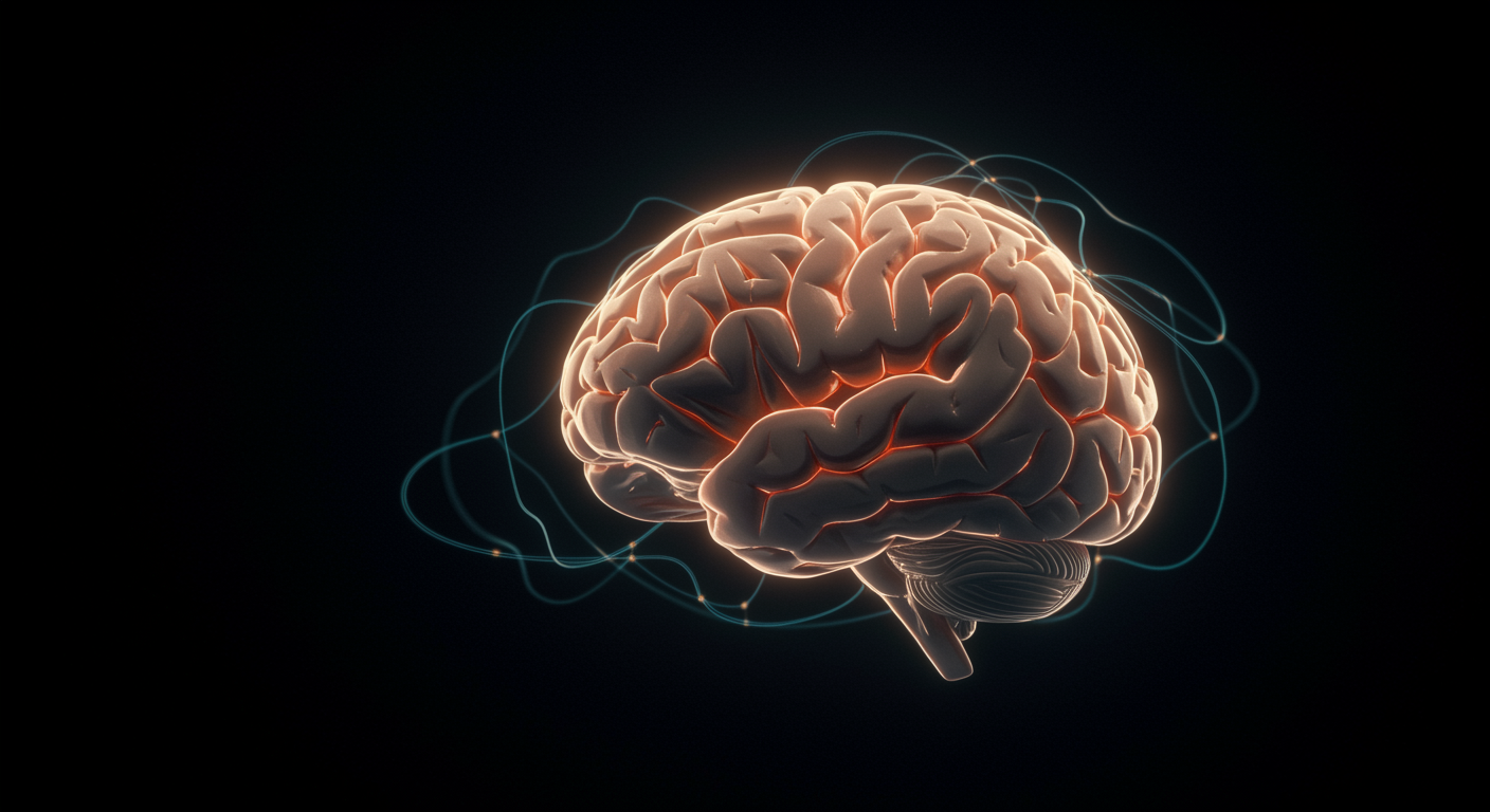 Brain network connections with flowing neural pathways and warm lighting