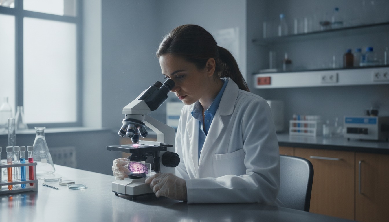 A researcher in a quiet laboratory examining a thin slice of brain tissue on a glass slide under a microscope, soft daylight from a window