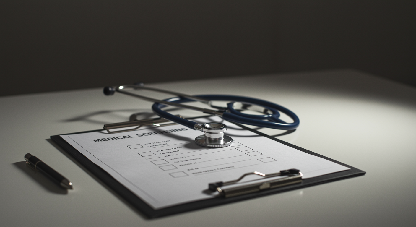 Medical screening checklist on clipboard with stethoscope on white desk with soft lighting