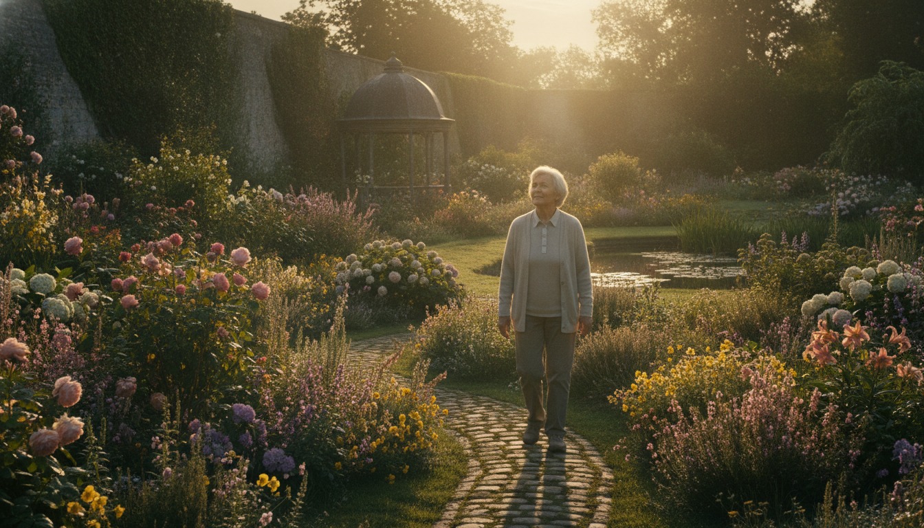 Hopeful older adult enjoying a quiet morning walk through a sunlit garden with warm golden light and blooming flowers