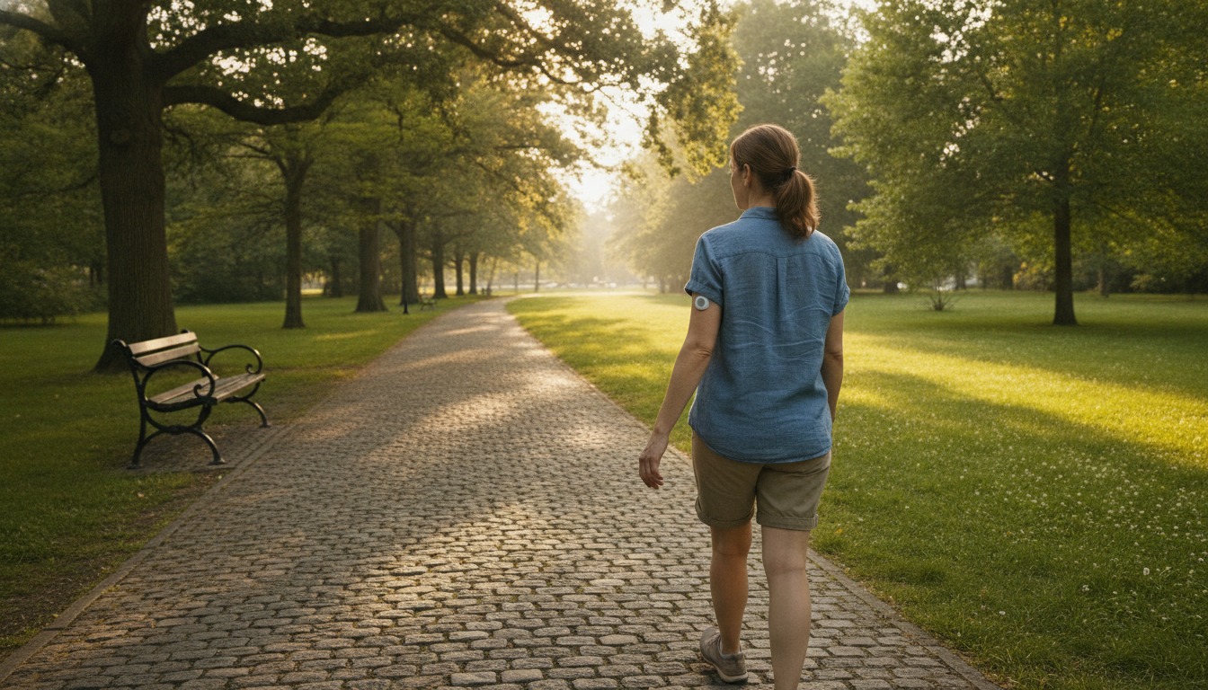 Adult with a small glucose sensor on the back of the upper arm walking along a sunny park path