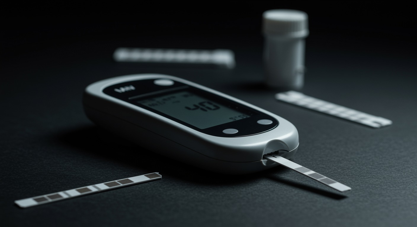 Modern glucose meter with test strips, clean surface, soft natural lighting, no text, medical device focus