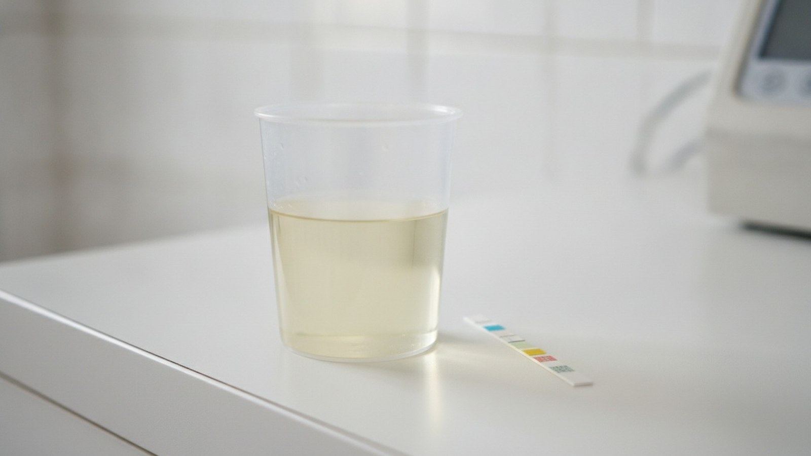 Photorealistic close-up of a clear urine sample cup and a paper test strip on a clinic counter in soft daylight