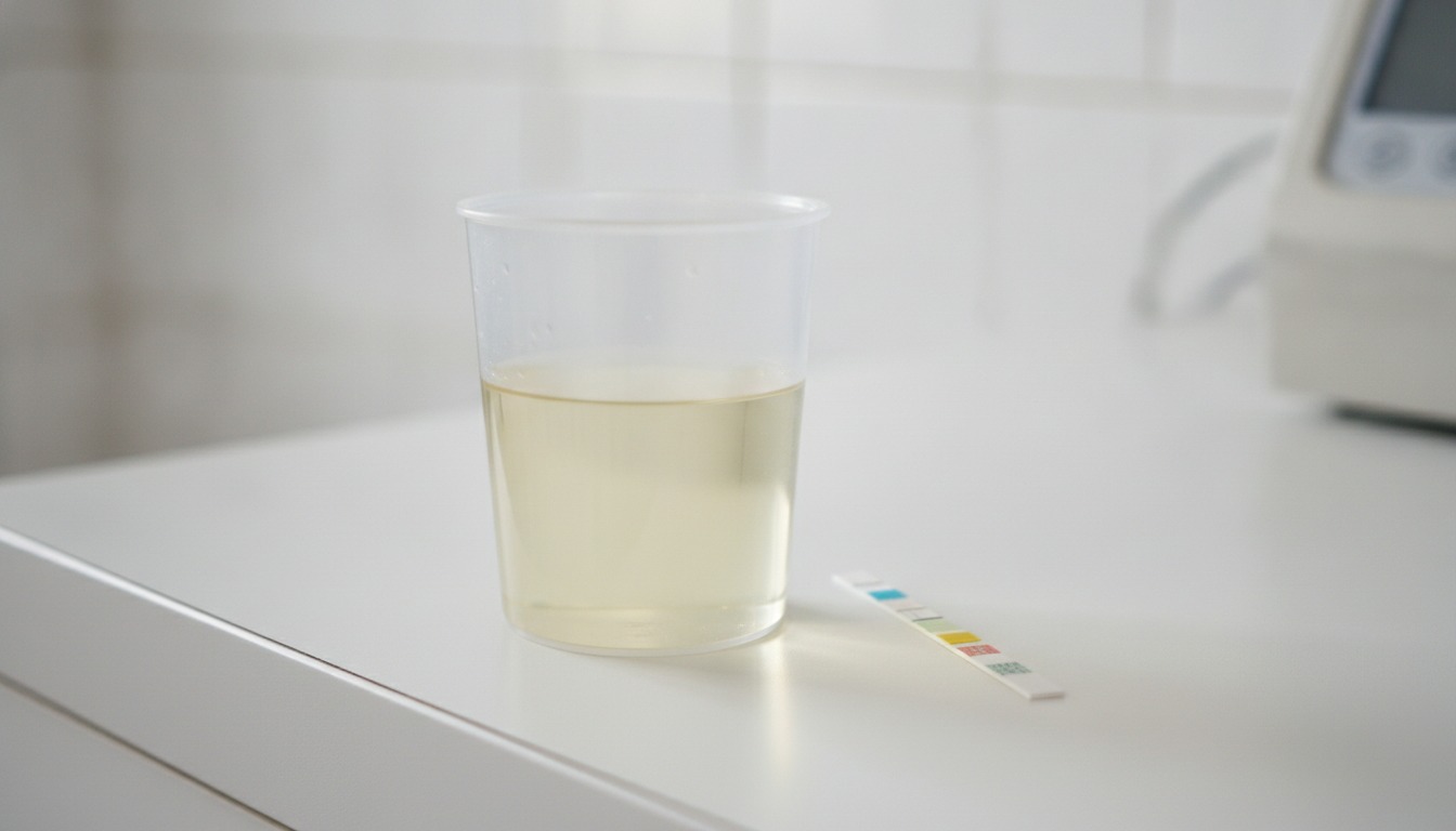 Photorealistic close-up of a clear urine sample cup and a paper test strip on a clinic counter in soft daylight