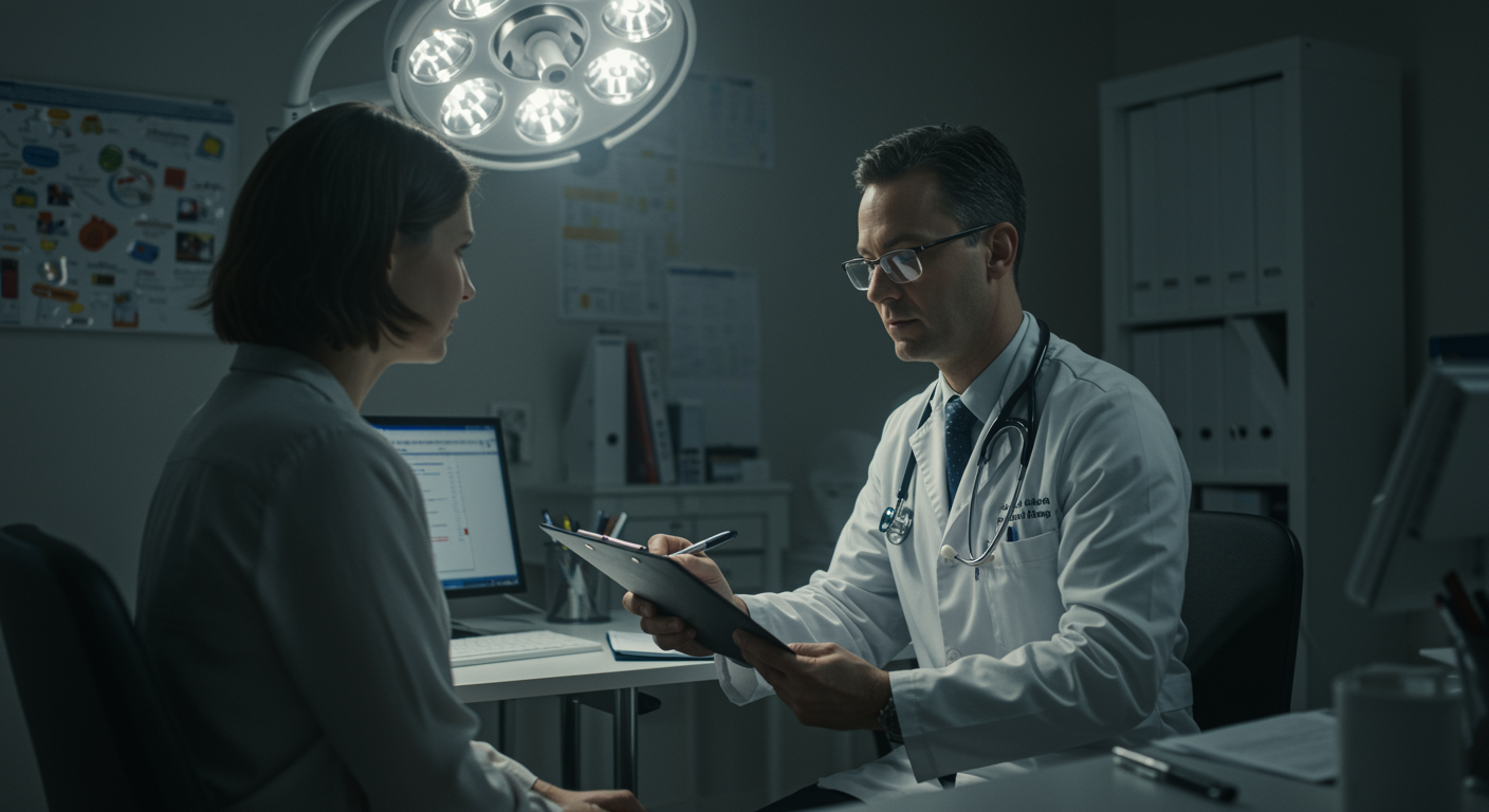 Primary care physician consulting with patient in bright medical office with natural lighting