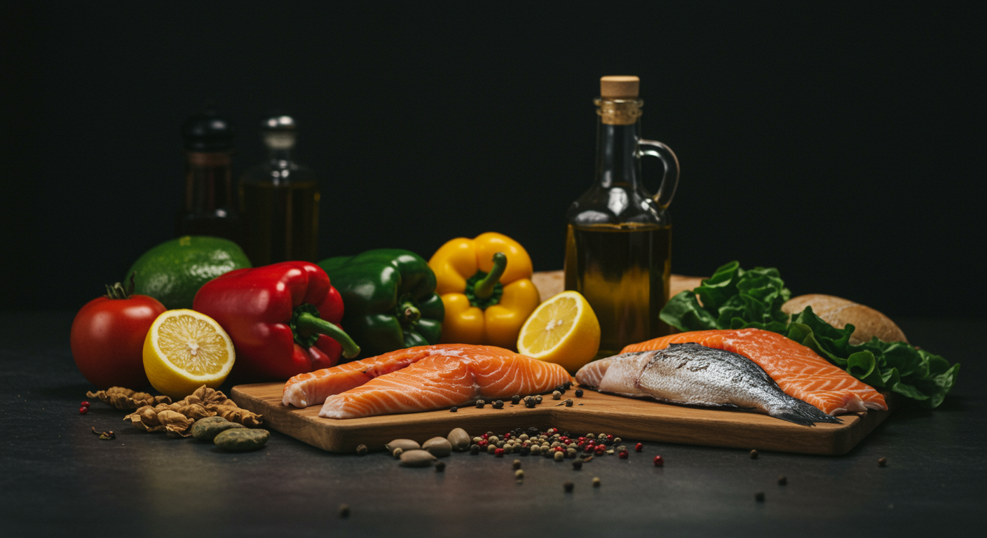 Mediterranean diet foods including fish, vegetables, and olive oil with nutritional psychiatry research materials on kitchen counter