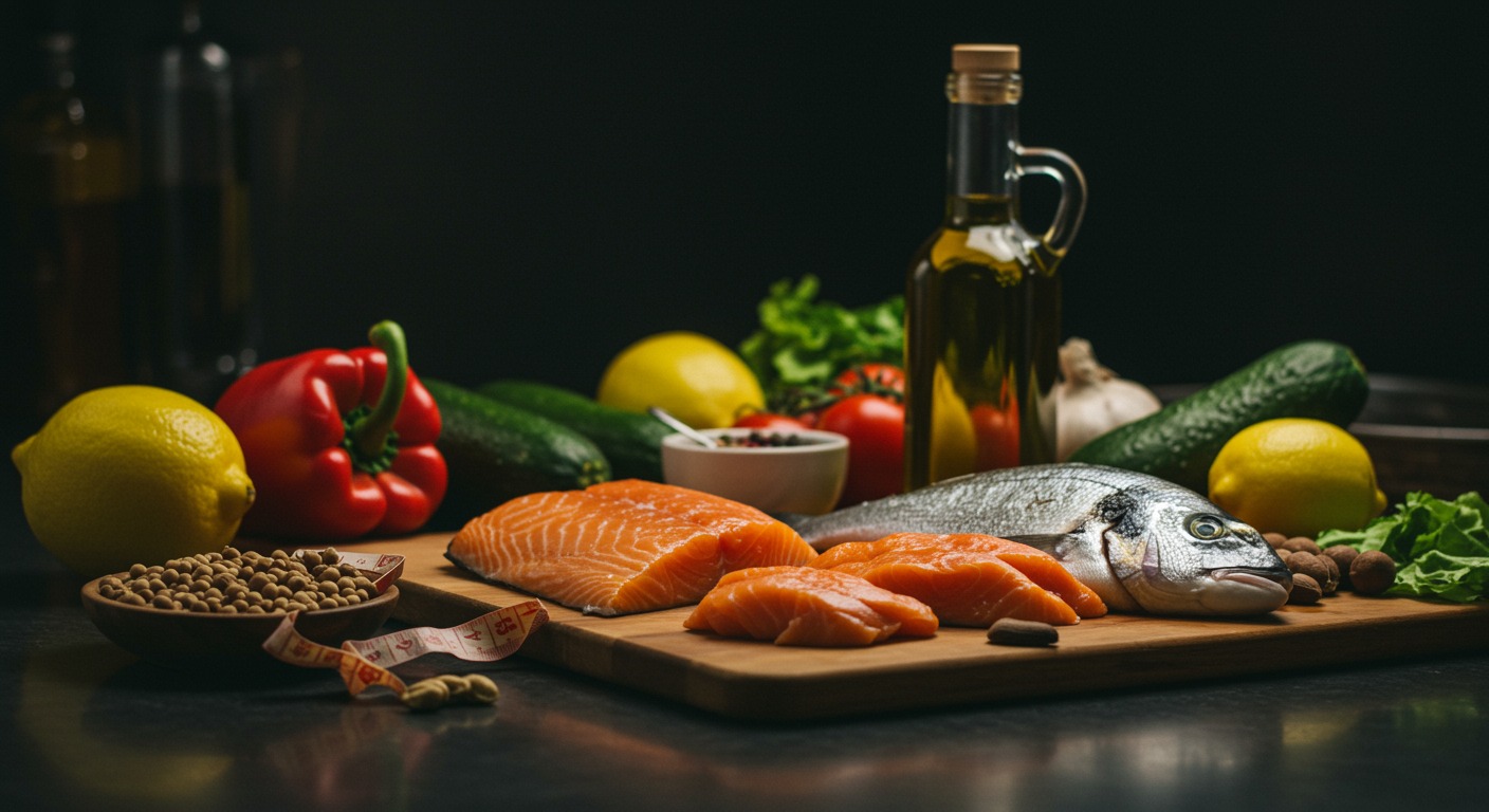 Mediterranean diet foods including fish, vegetables, and olive oil with nutritional psychiatry research materials on kitchen counter