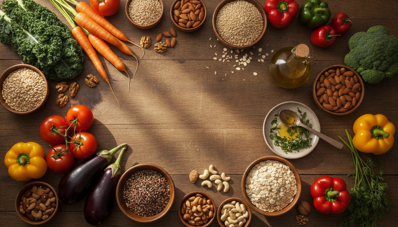 Overhead view of a wooden table covered with fresh vegetables, whole grains, nuts and olive oil in warm natural light