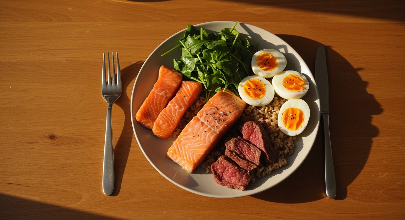 Overhead shot of a balanced meal plate featuring creatine-rich foods like salmon, lean beef, and eggs on a warm wooden dining table, concept of nutrition and mental wellness