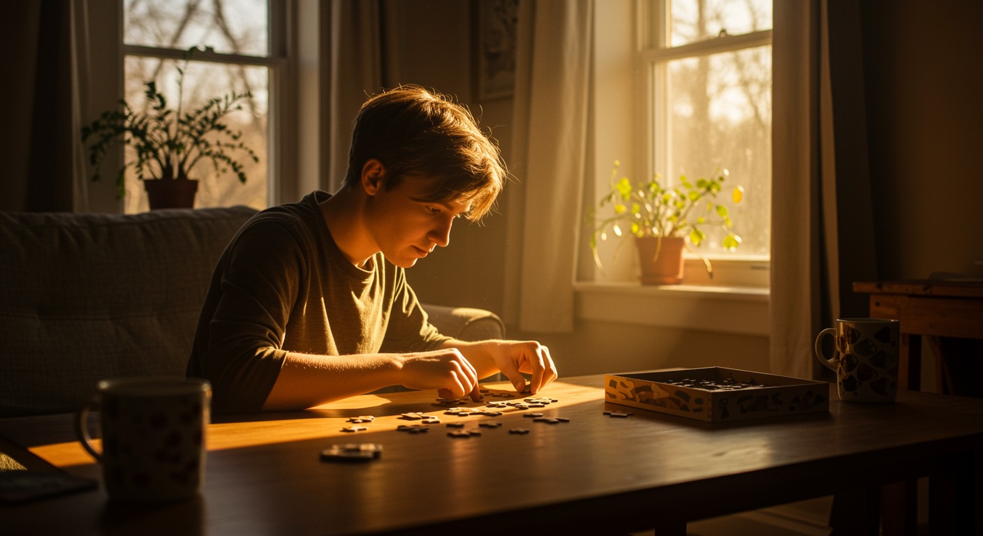 Curious person working on a puzzle in a bright sunlit room with warm cozy atmosphere