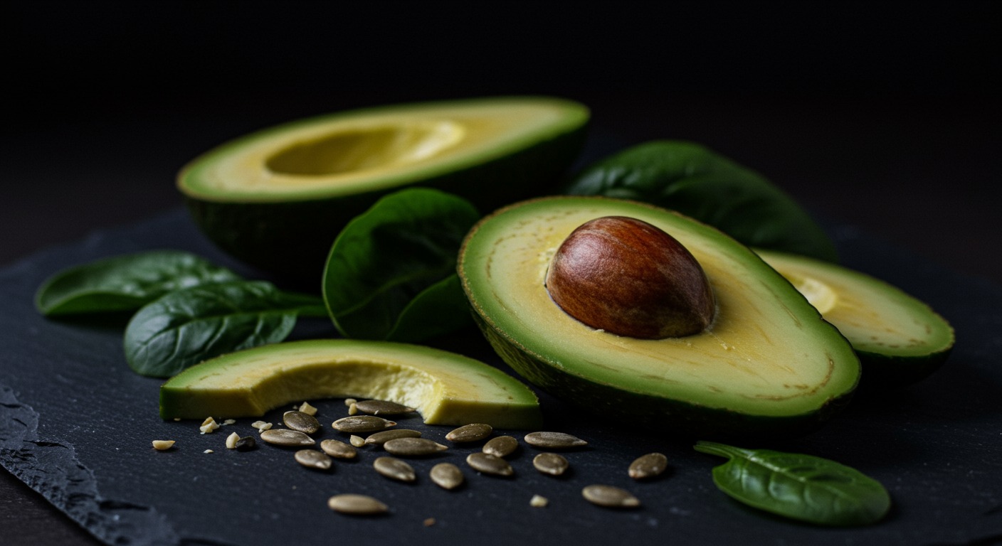 Close-up of sliced avocado, seeds, and leafy greens on a dark slate surface with dramatic side lighting