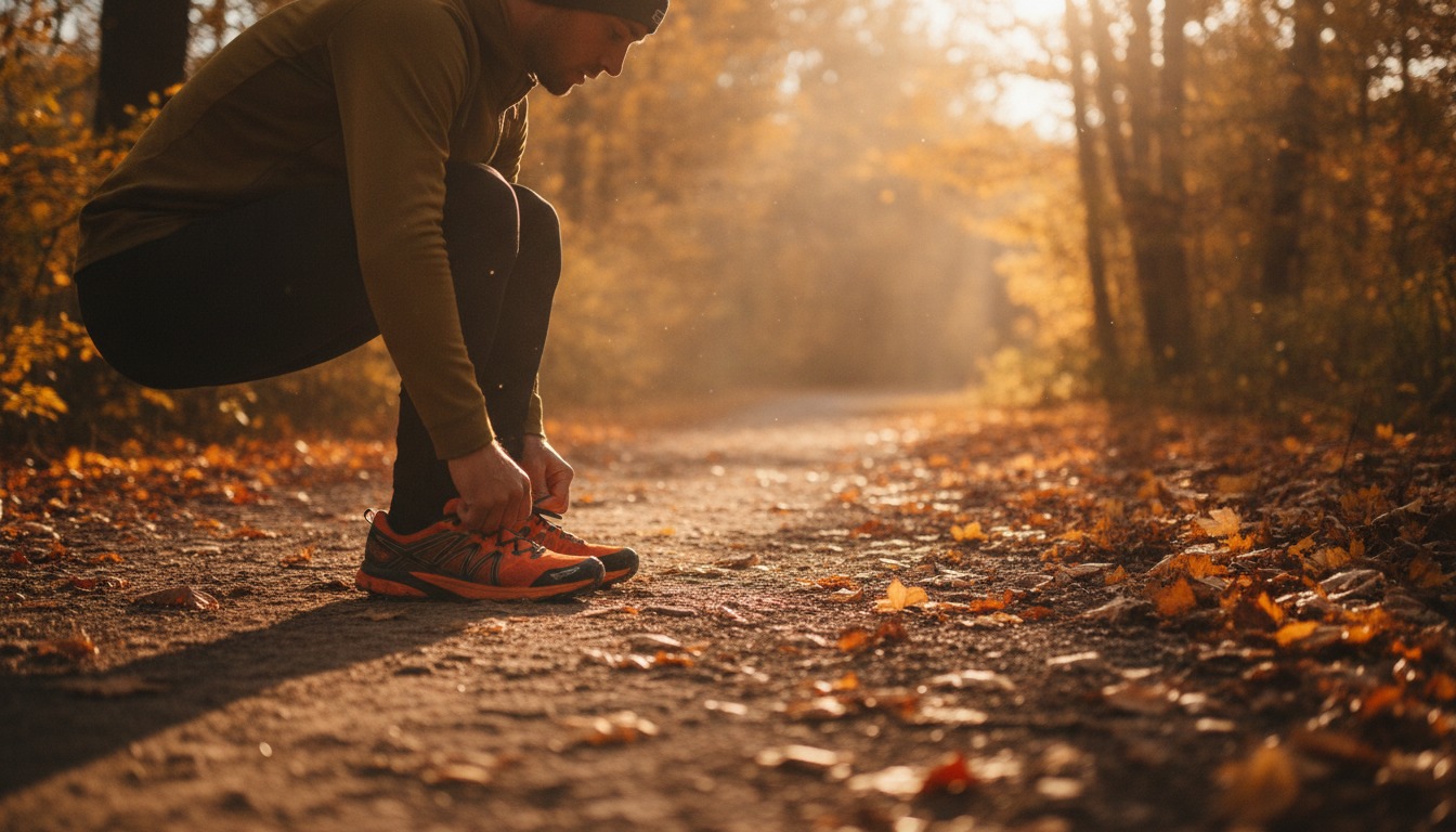 Person lacing up running shoes on a sunlit trail at golden hour with warm light and autumn leaves