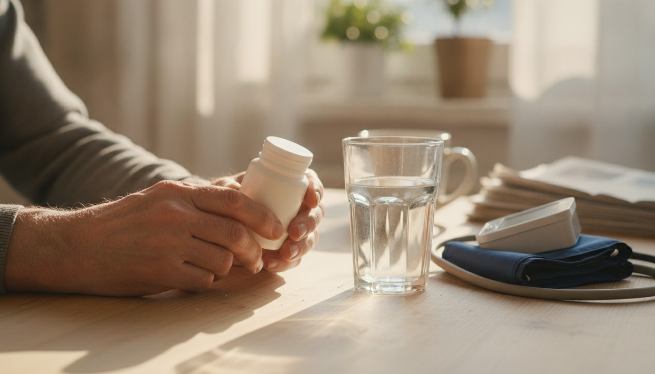 An older man's hands holding a small white pill bottle at a sunlit kitchen table next to a glass of water and a home blood pressure cuff