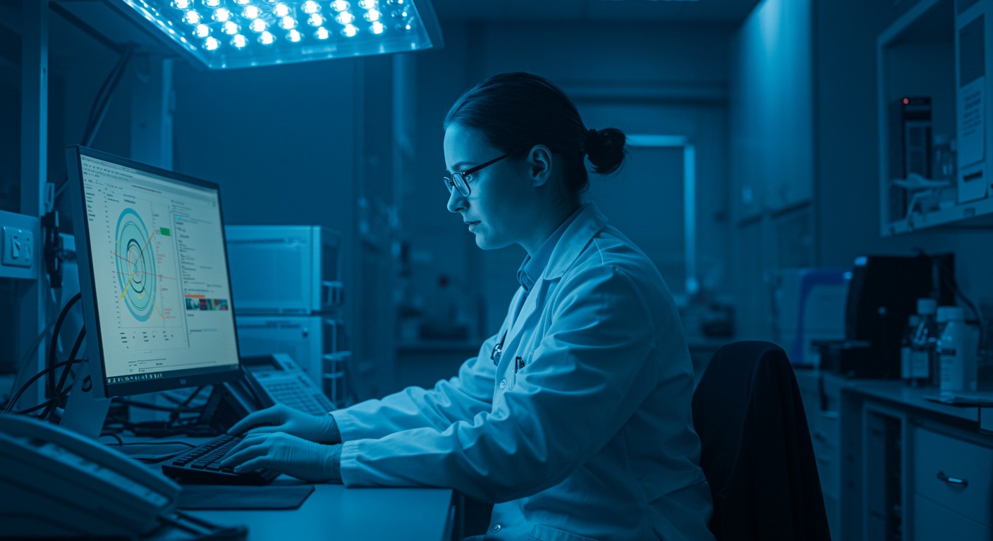 Medical researcher reviewing data on a computer screen in a modern lab with cool blue-white lighting