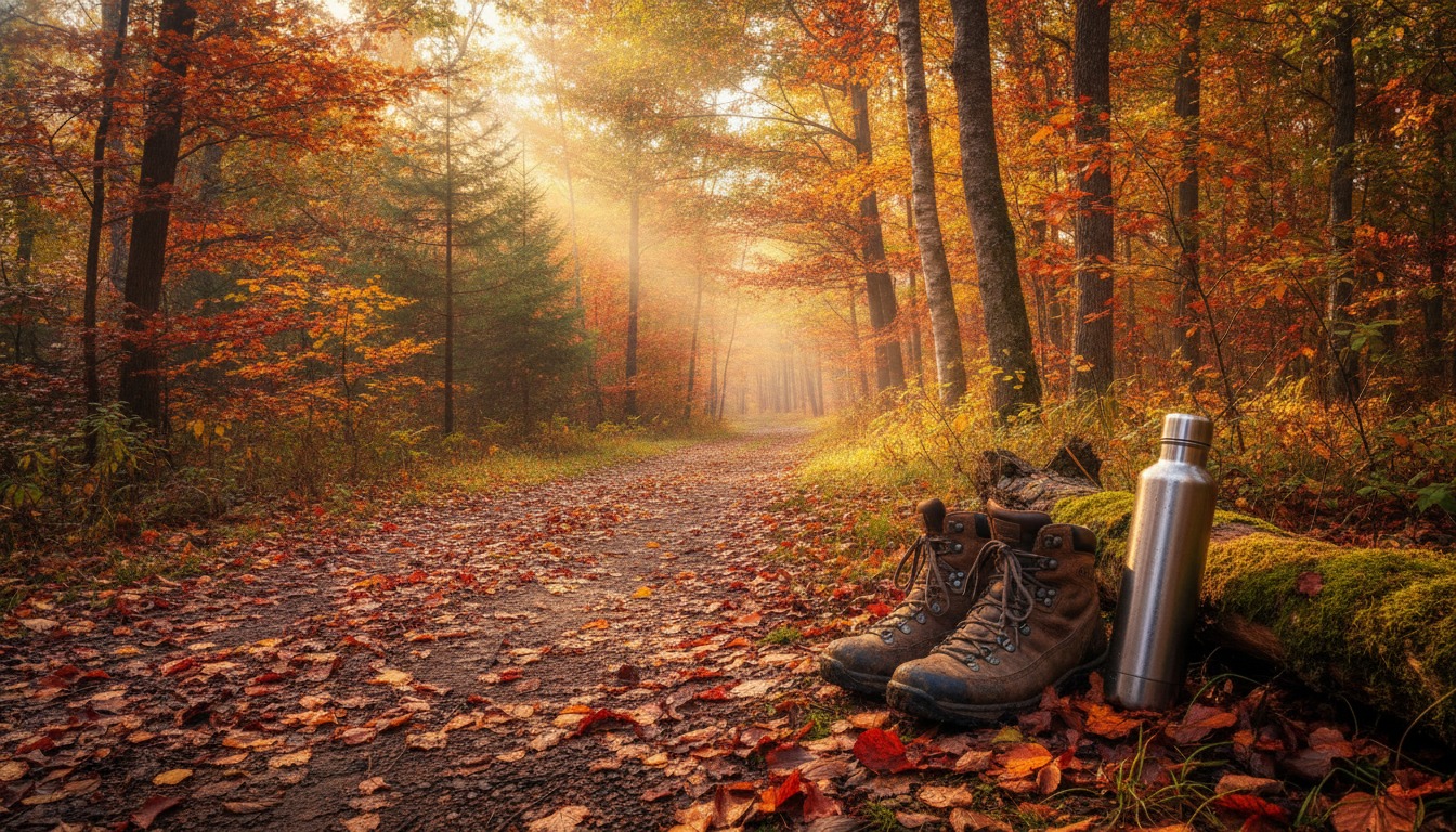 Pair of hiking boots and a water bottle on a sunlit trail through a forest in warm autumn tones