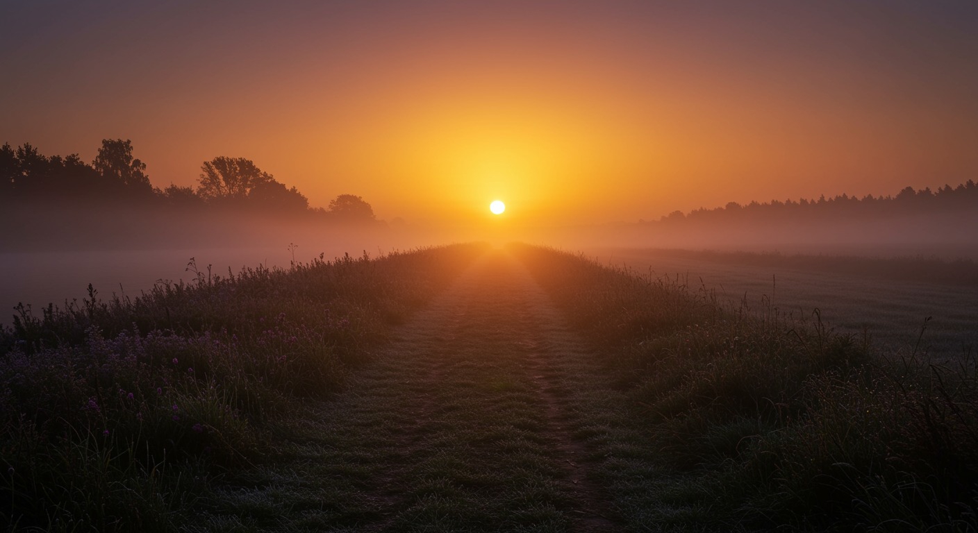 Warm sunrise over calm morning landscape