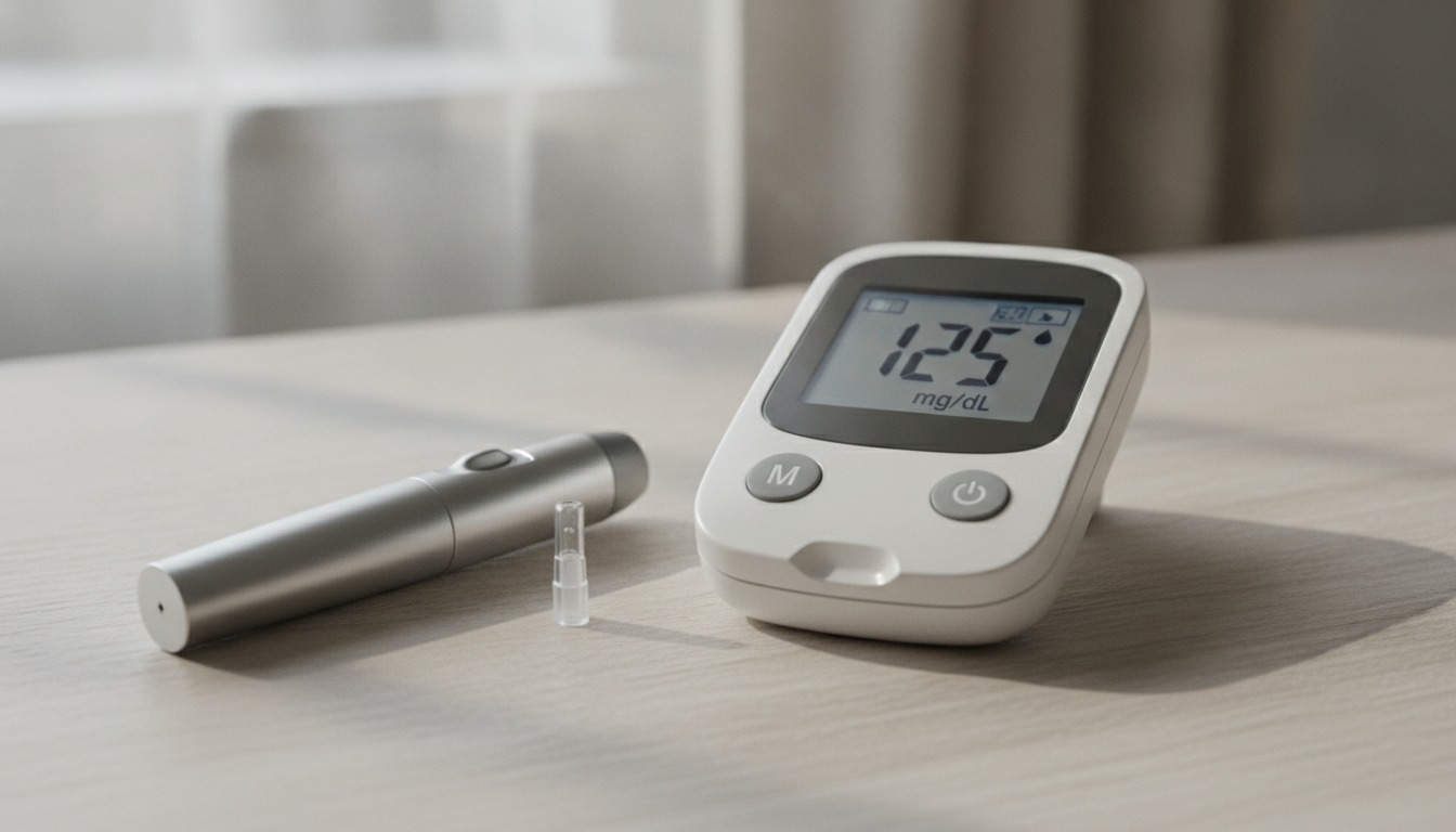 Close-up of a glucose meter and a lancet resting on a wooden table in soft natural light from a side window