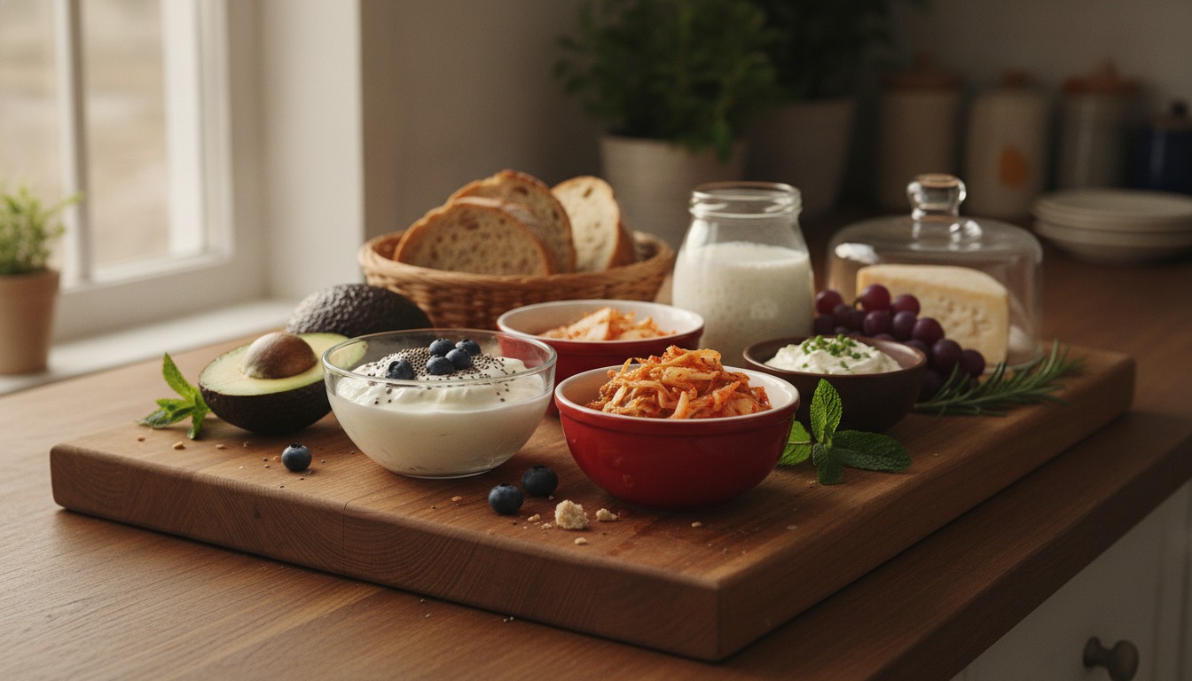 Fresh probiotic-rich foods arranged on a warm wooden board with bright natural light from a side window
