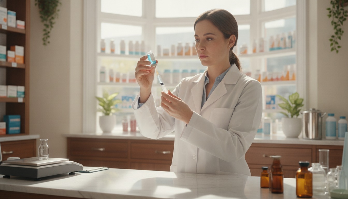 A pharmacist in a white coat preparing a vaccine syringe at a bright neighborhood pharmacy counter in soft daylight