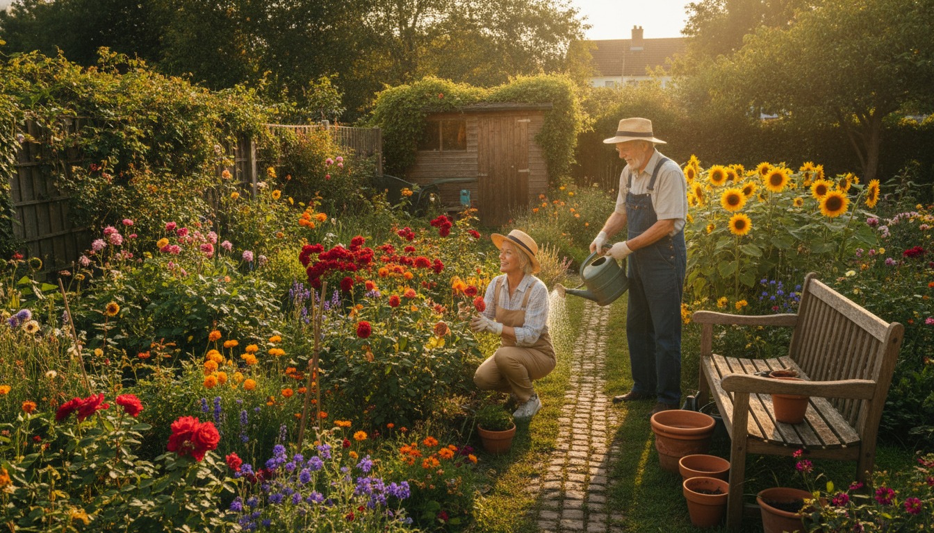 Older couple gardening together in a sunlit backyard with warm golden hour light and vibrant flowers