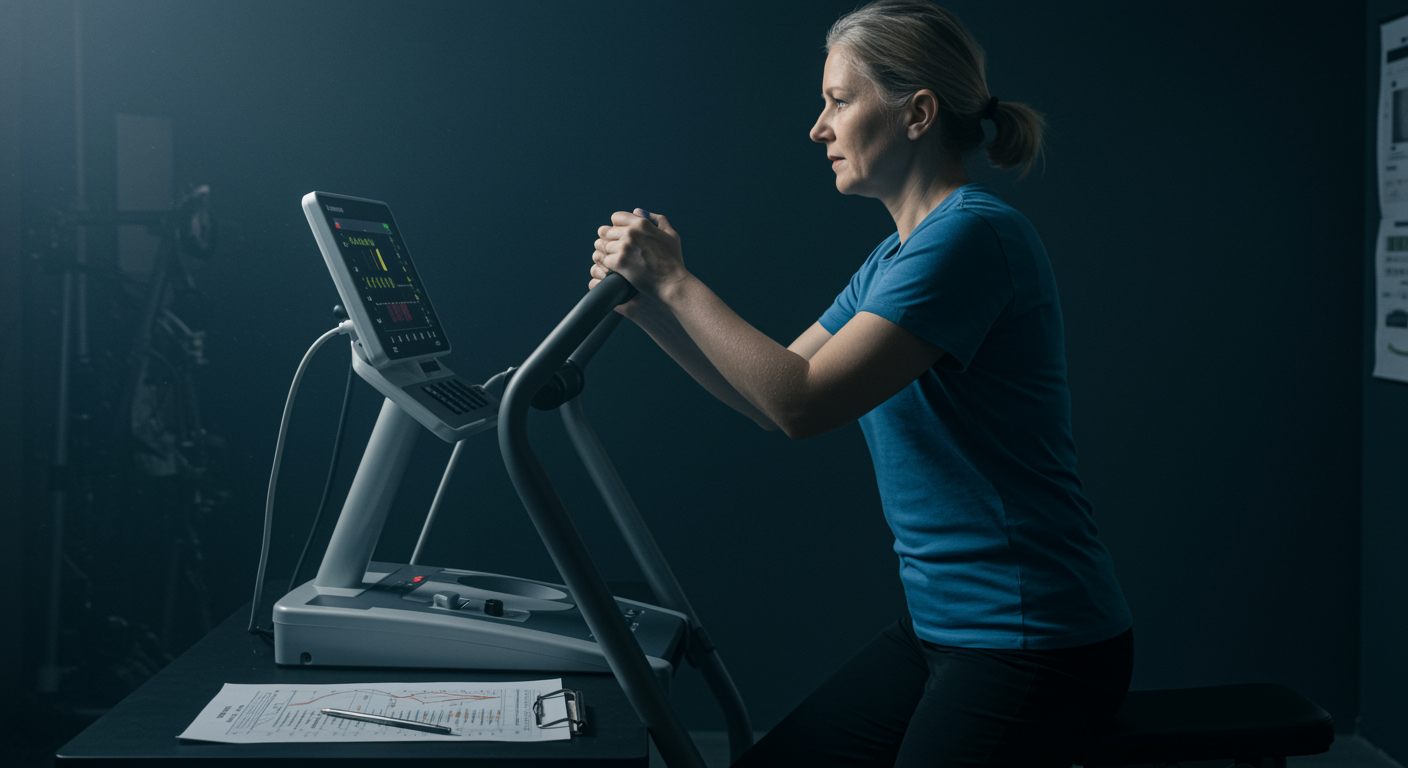 Chronic illness patient doing aerobic exercise with medical monitoring equipment and dose-response research charts on fitness desk