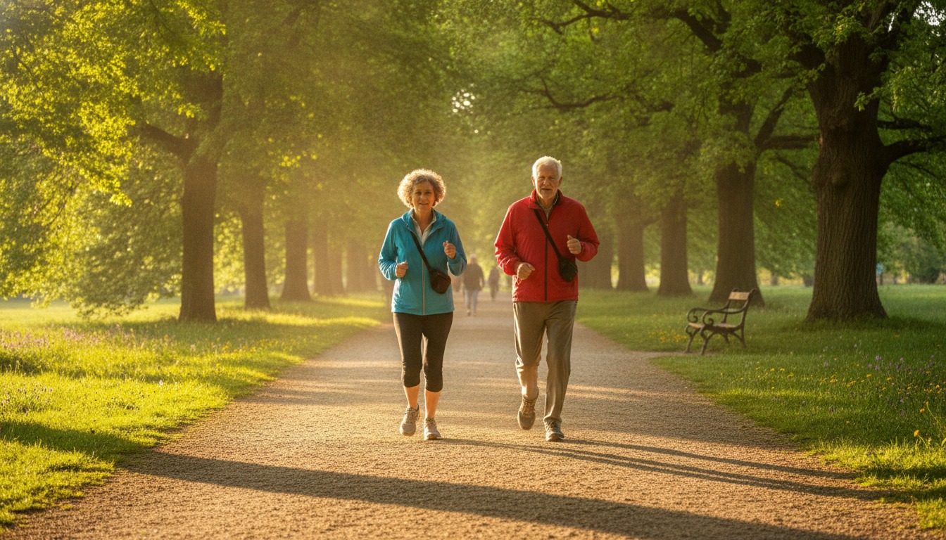 Older couple walking briskly together on a sunlit park path lined with green trees in warm golden afternoon light