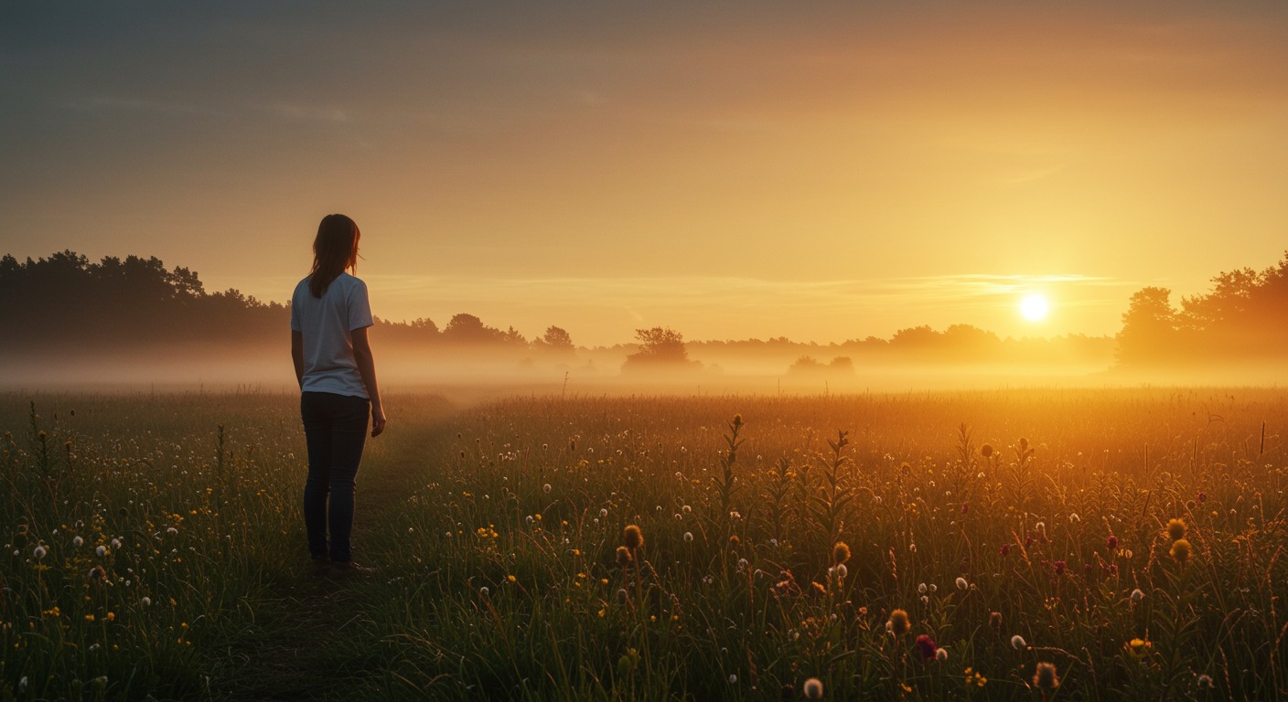 Hopeful person standing at the edge of a meadow watching a warm golden sunrise with wildflowers