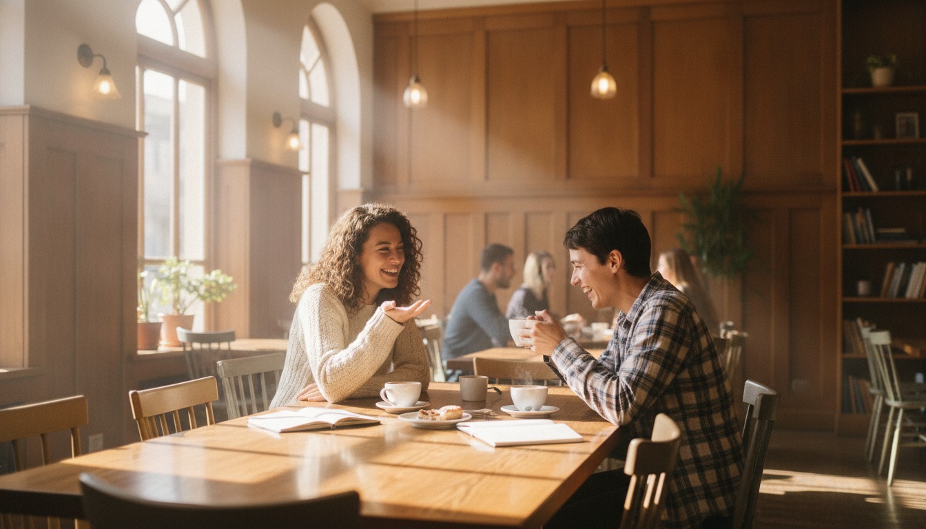 Two friends in lively conversation over coffee in a cozy sunlit cafe with warm wood tones and soft natural light
