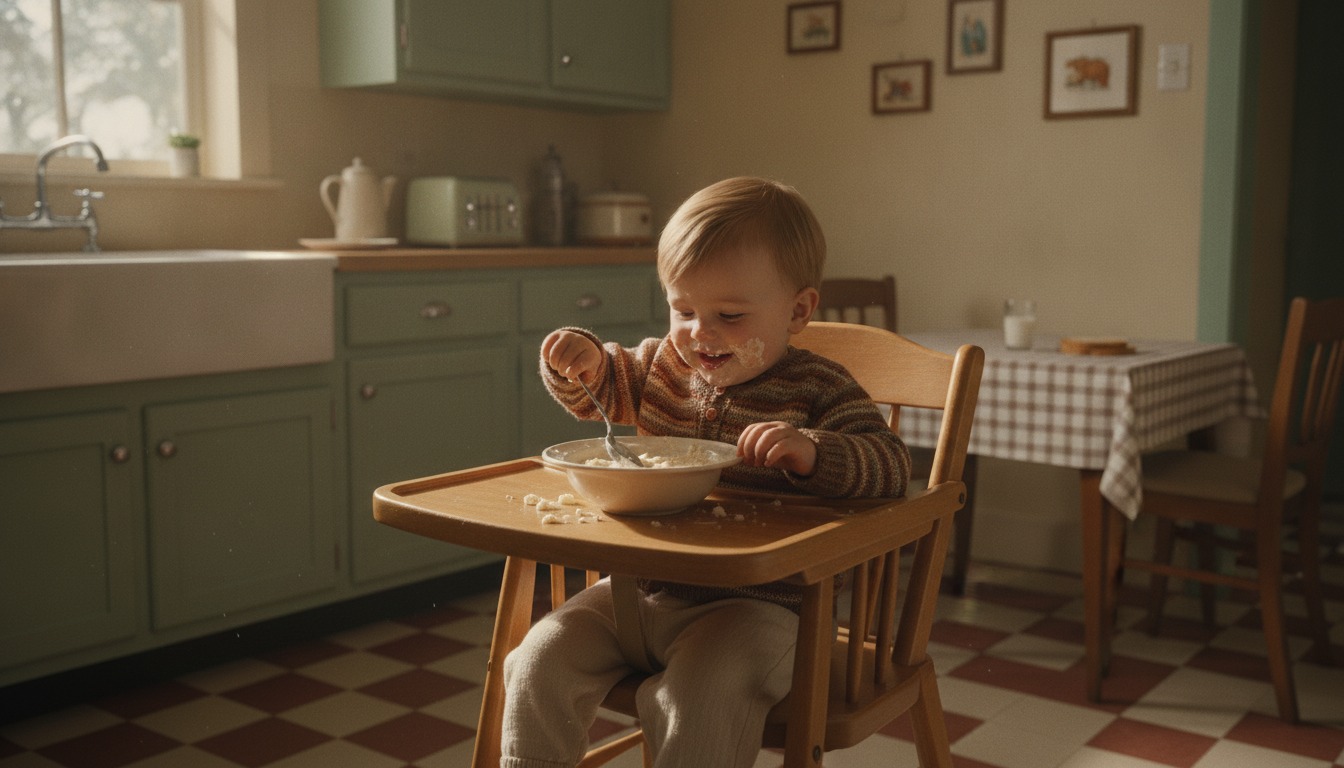 A small child in a wooden high chair eating plain porridge from a bowl in a sunlit 1950s kitchen with soft morning light