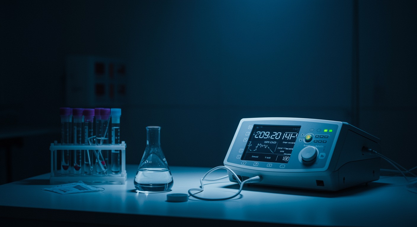 Photorealistic medical laboratory scene with cerebrospinal fluid sample and sleep monitoring equipment, clinical lighting, no text