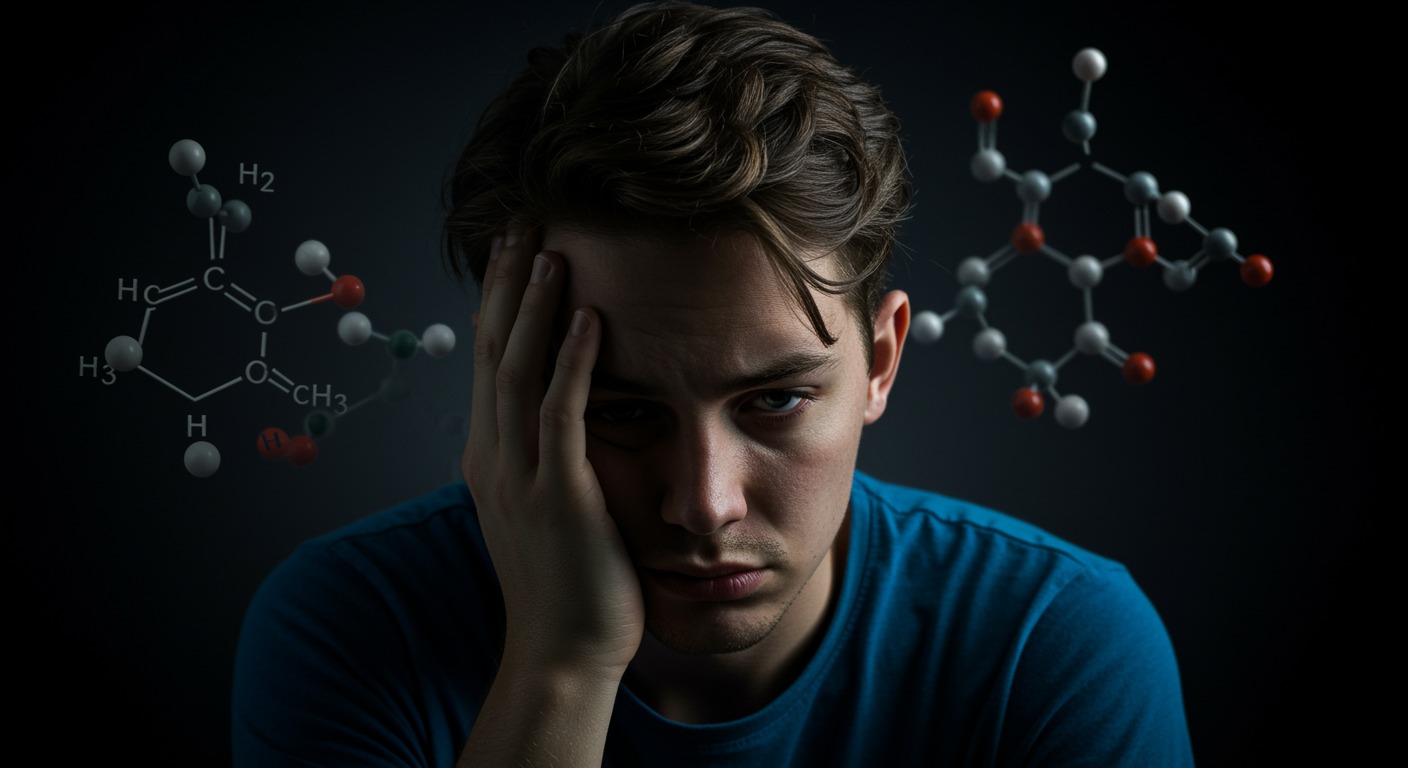 Photorealistic image of tired young man with subtle testosterone molecule structures in background, clinical lighting showing hormonal impact, no text