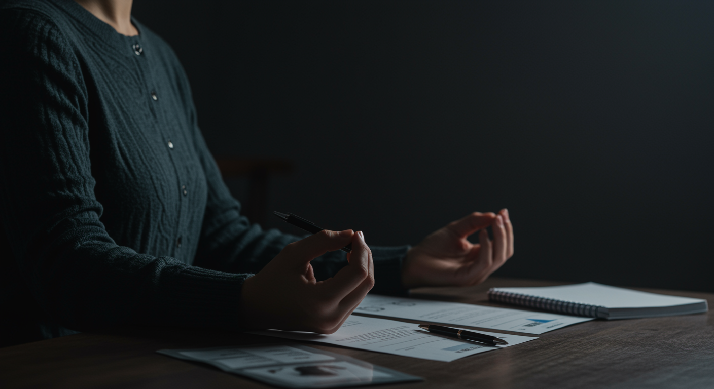 Person practicing mindfulness meditation with ACT therapy materials and psychological flexibility concepts on peaceful desk setting