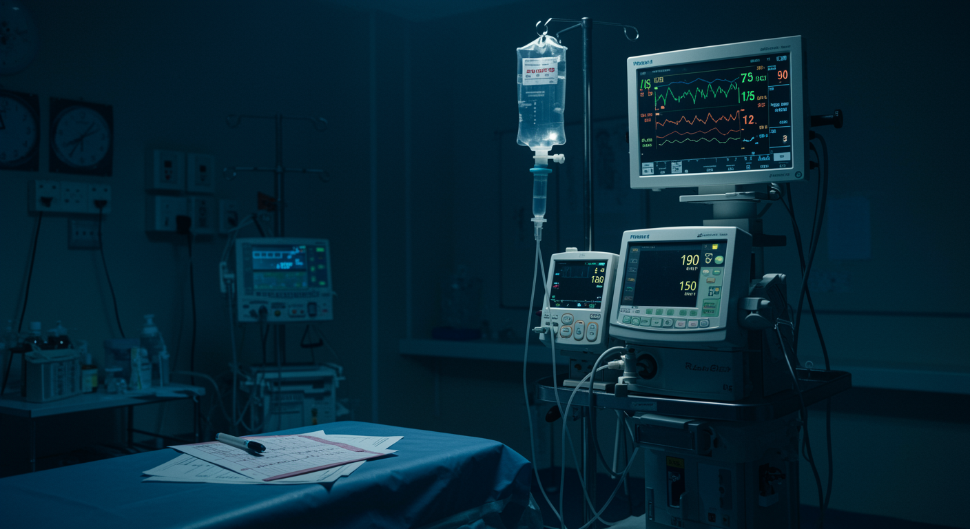 Medical infusion setup in maternal care unit with monitoring equipment and clinical charts with professional lighting