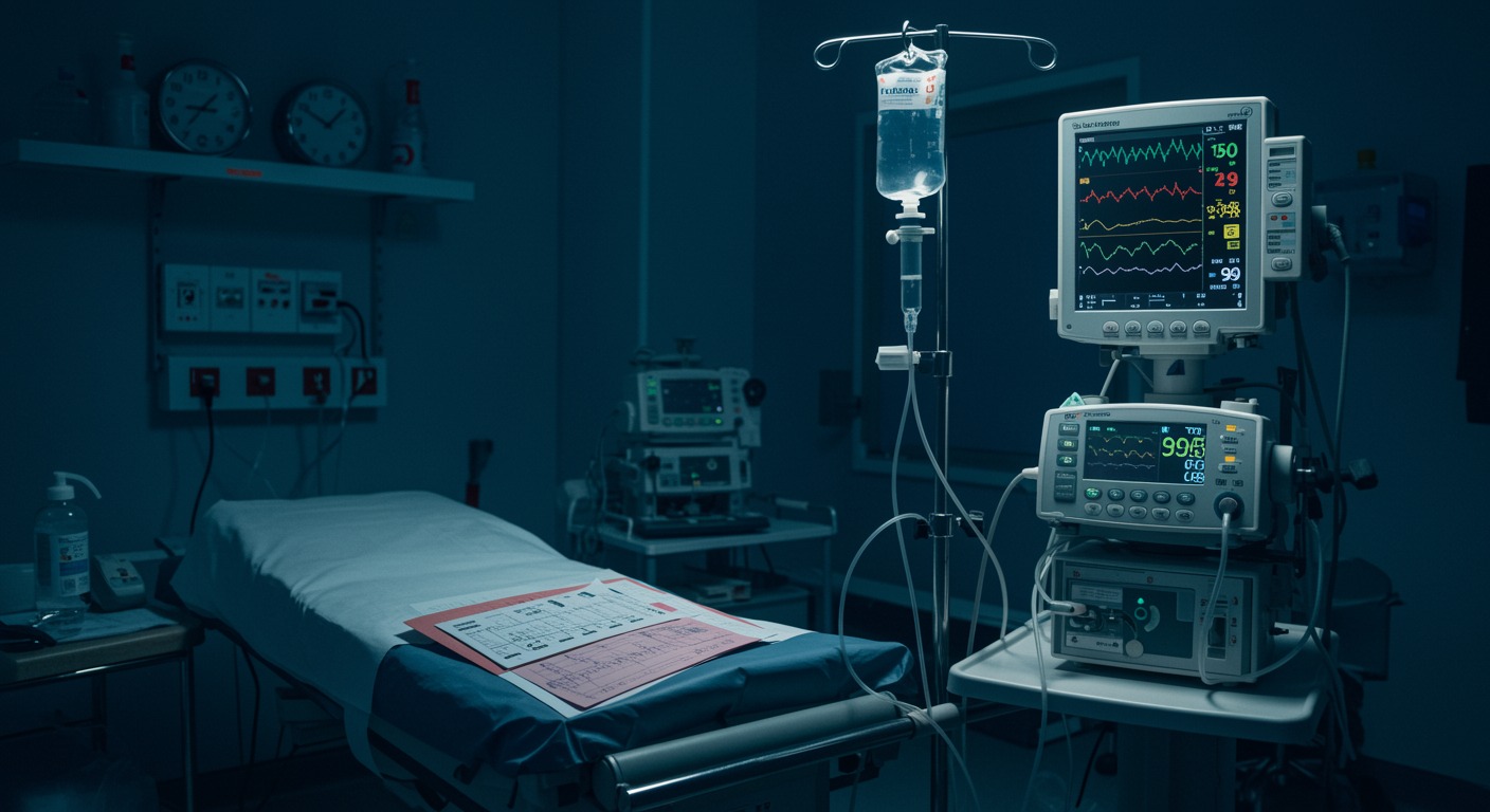 Medical infusion setup in maternal care unit with monitoring equipment and clinical charts with professional lighting