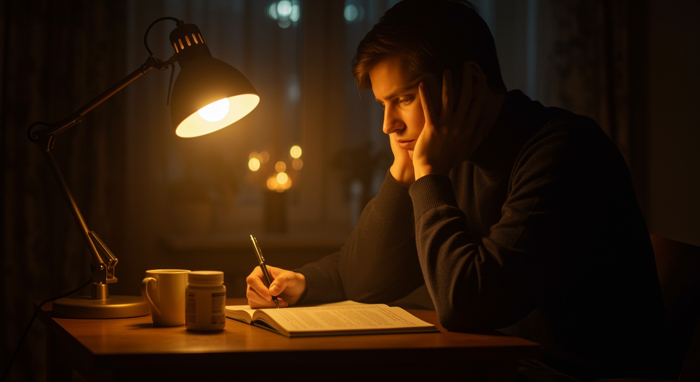 Tired but determined person studying late at night at a desk with a warm desk lamp, coffee cup and supplement bottle nearby, concept of maintaining mental performance