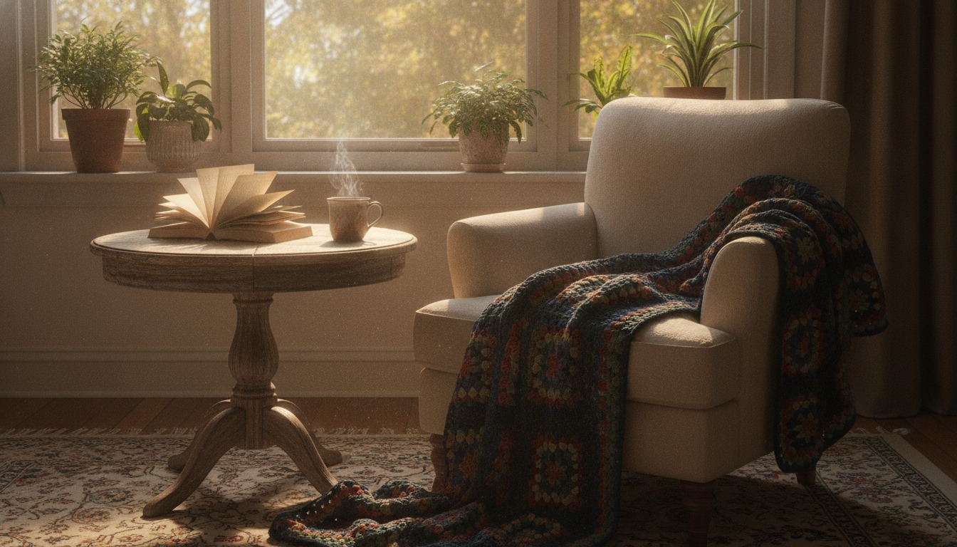 Cozy reading nook with an open book, a steaming mug of tea, and an afghan blanket on a wooden table by a sunlit window with warm golden light