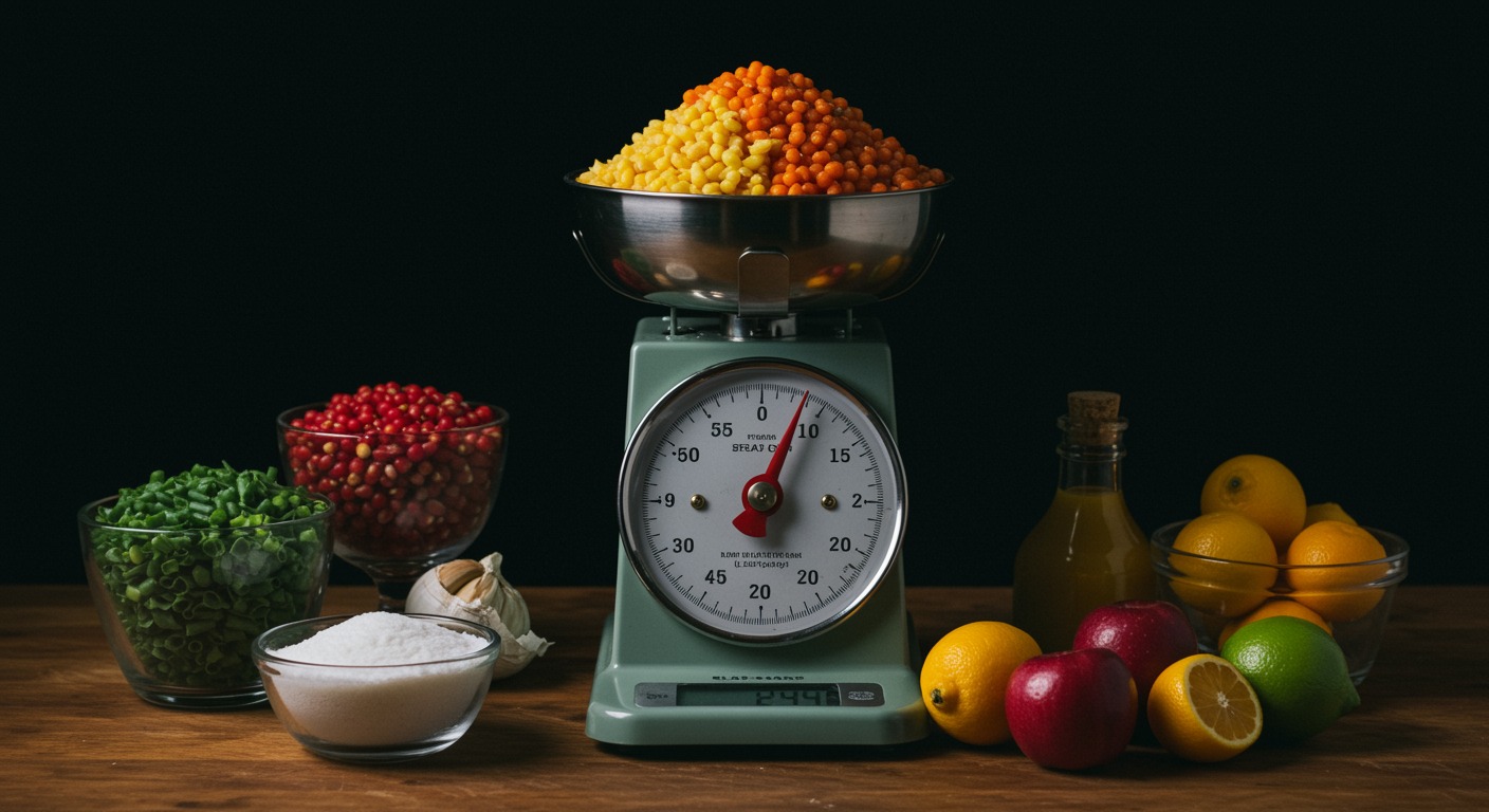 Fresh colorful ingredients measured out on a kitchen scale with bright even lighting