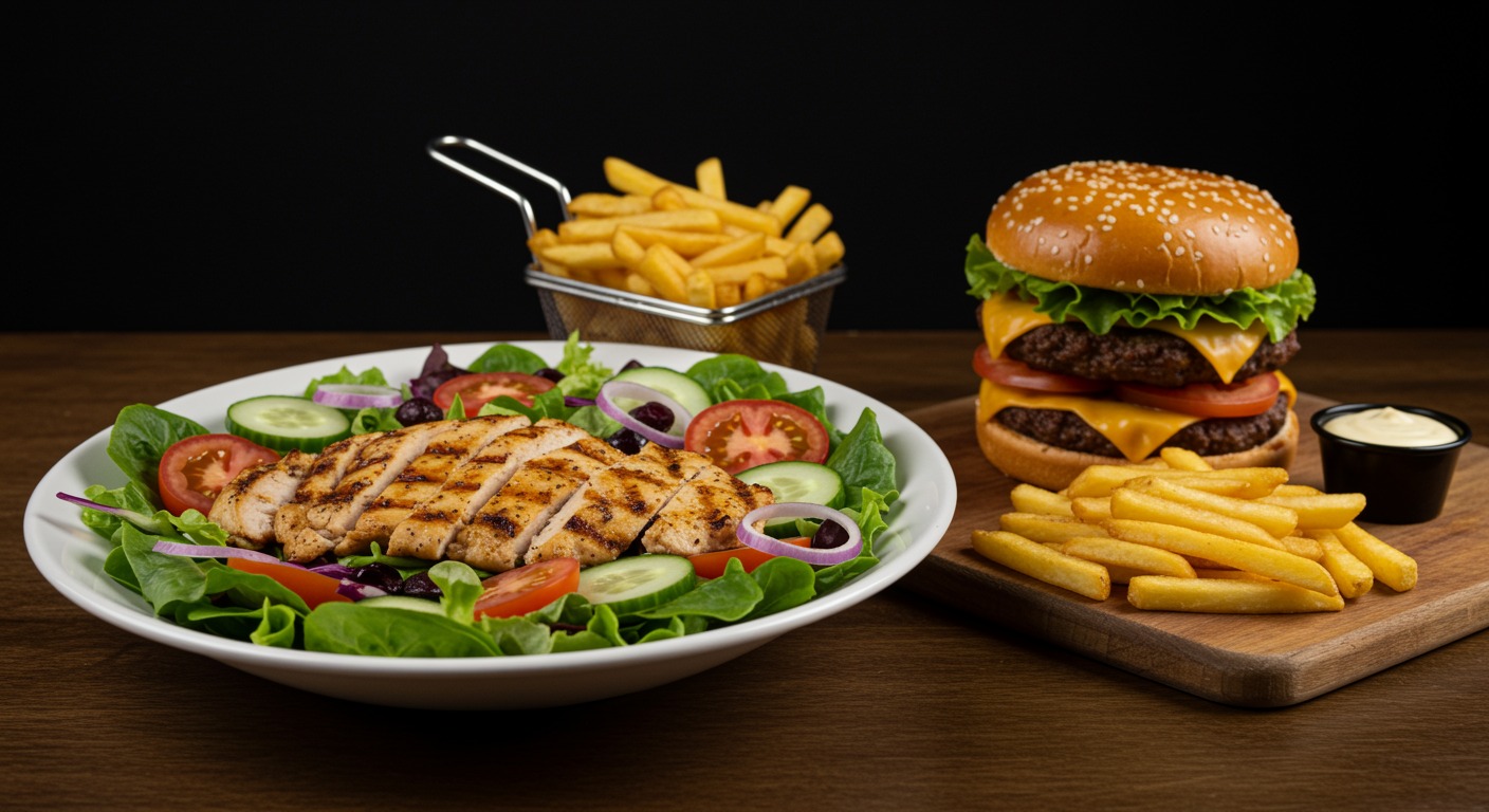 Healthy grilled chicken salad next to a greasy burger and fries on a restaurant table