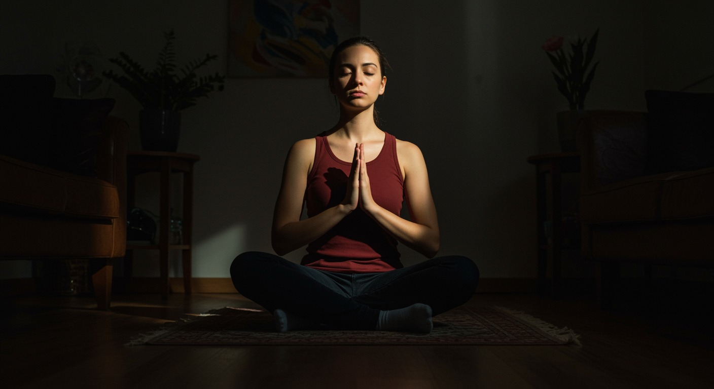 Person meditating at home with soft lighting