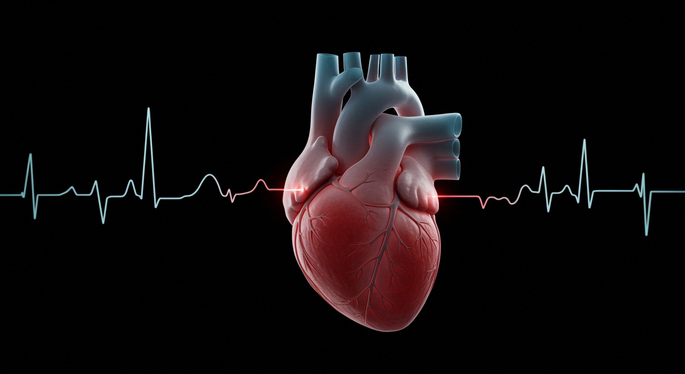 Photorealistic heart rhythm visualization showing atrial fibrillation improvement with sleep apnea treatment, medical cardiology visualization, soft cardiac lighting, no text