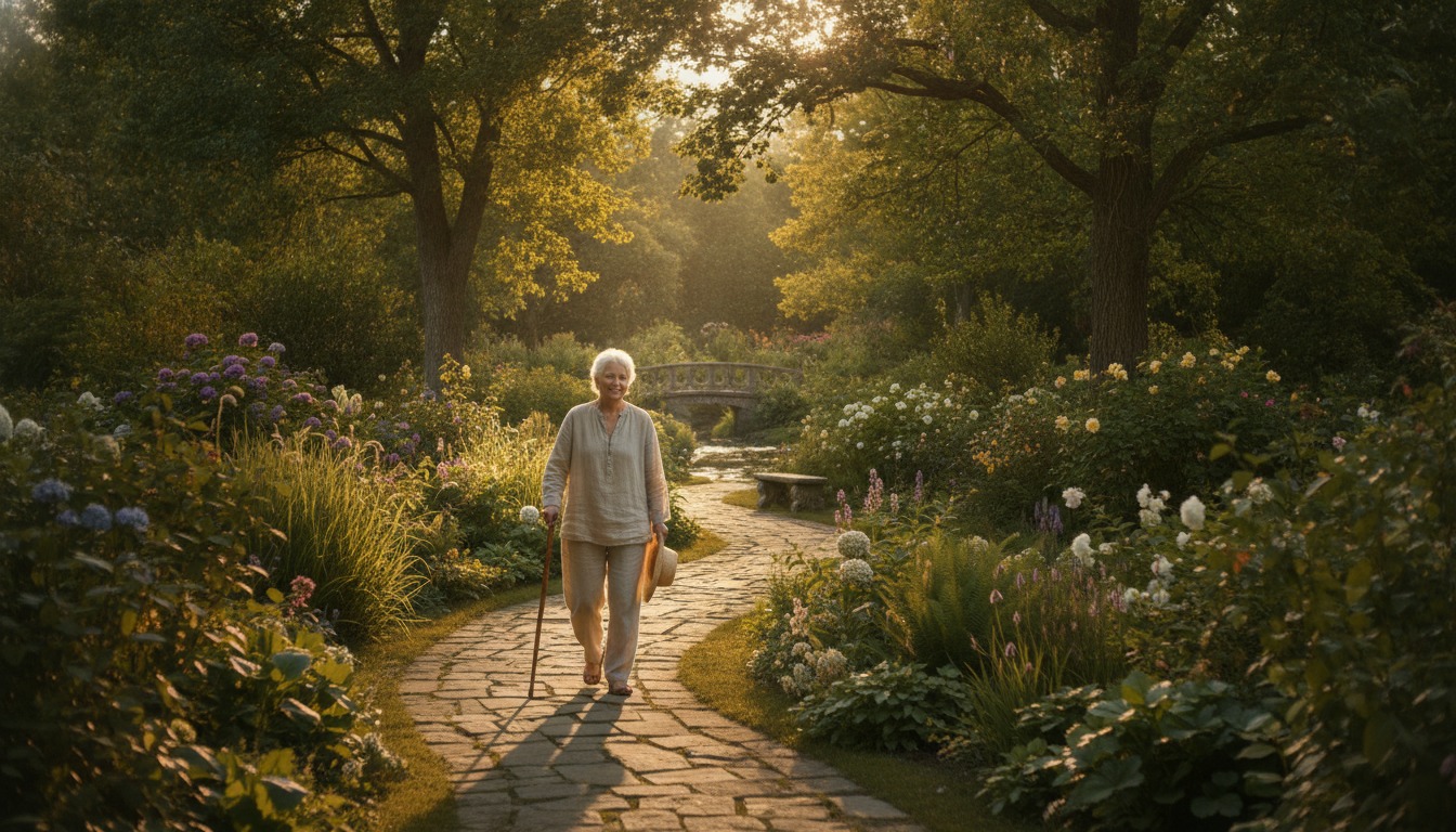 Older adult walking comfortably along a sunlit garden path with warm golden light and lush greenery