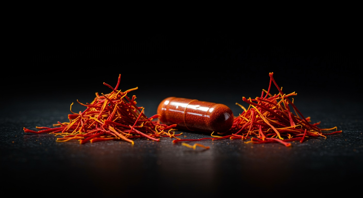 Saffron spice with sertraline capsule in soft lighting
