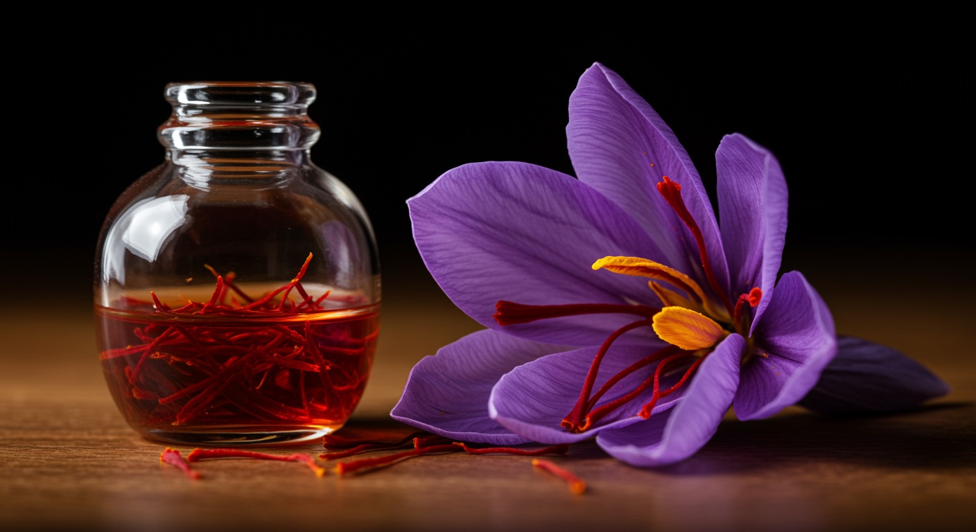 Photorealistic saffron extract with insomnia treatment visualization, showing sleep improvement and reduced sleep difficulties, soft therapeutic lighting, no text