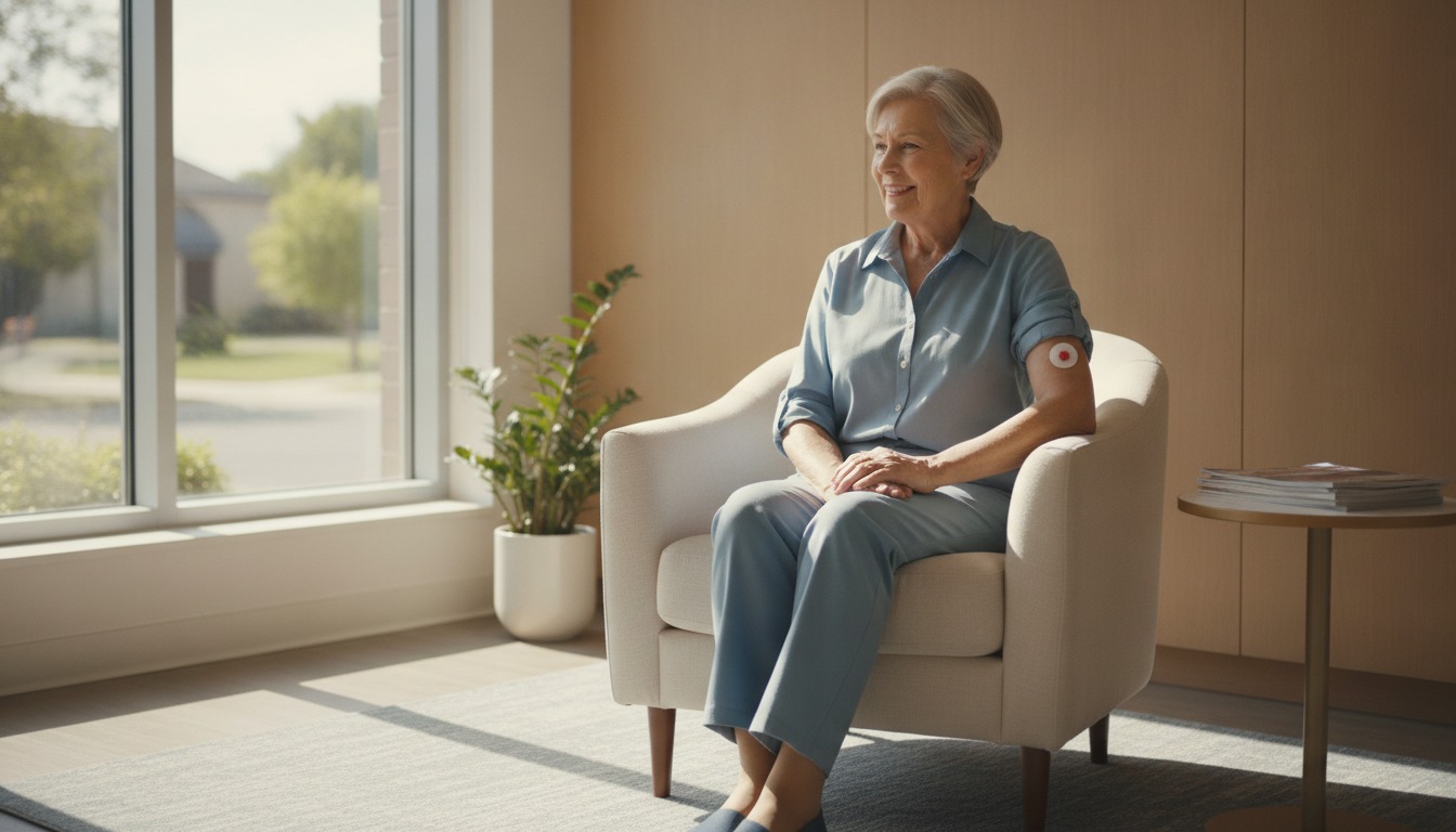 Older adult sitting in a bright clinic chair with a small bandage on the inner elbow after a blood draw, soft natural window light