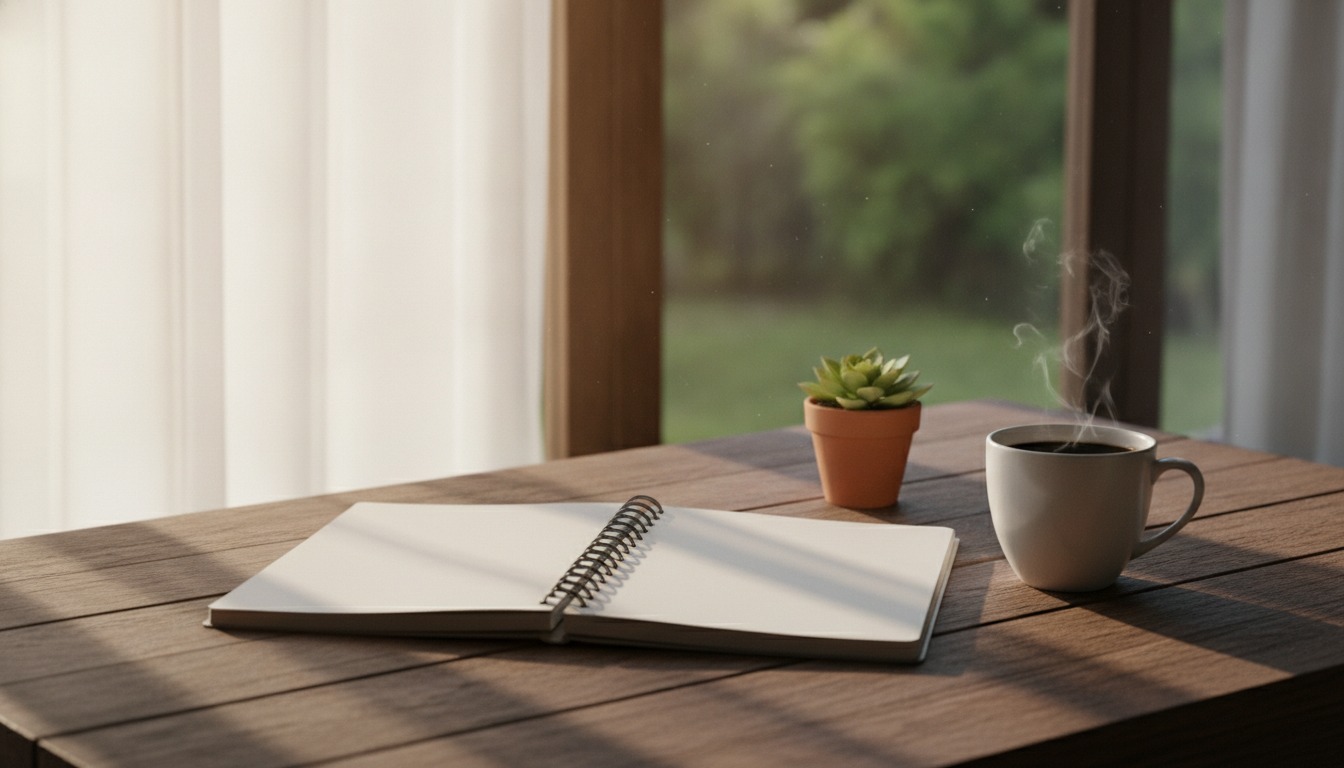 Open notebook and a cup of coffee on a wooden desk by a window with warm soft morning light and a small potted plant