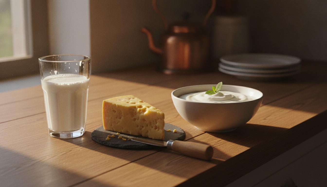 A glass of milk, a wedge of cheese, and a bowl of plain yogurt on a sunlit wooden kitchen counter