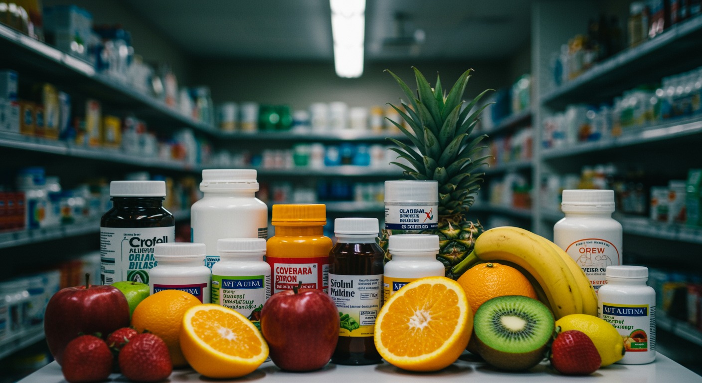 Variety of colorful fruits and vitamin bottles on a pharmacy counter with bright fluorescent light